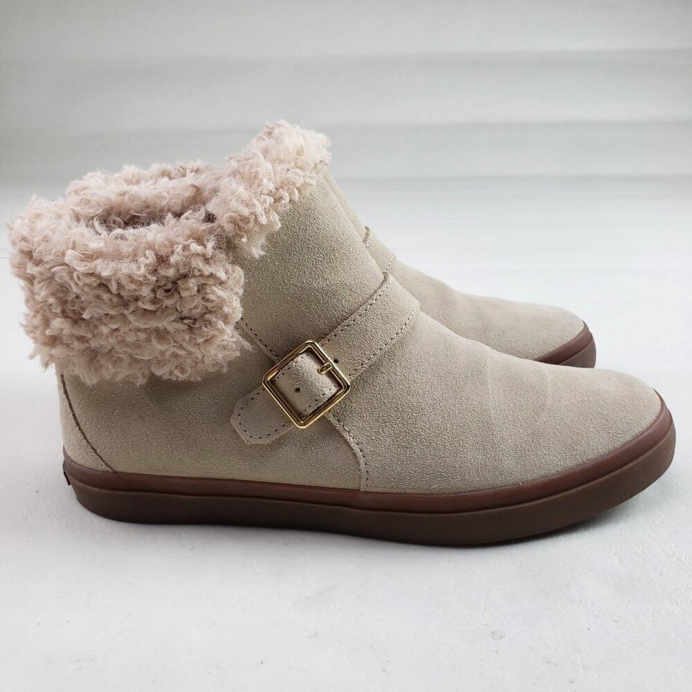 Cole Haan Nantucket Ankle Boot Womens 8.5 Beige Suede Side Zip Cozy Sherpa Lined